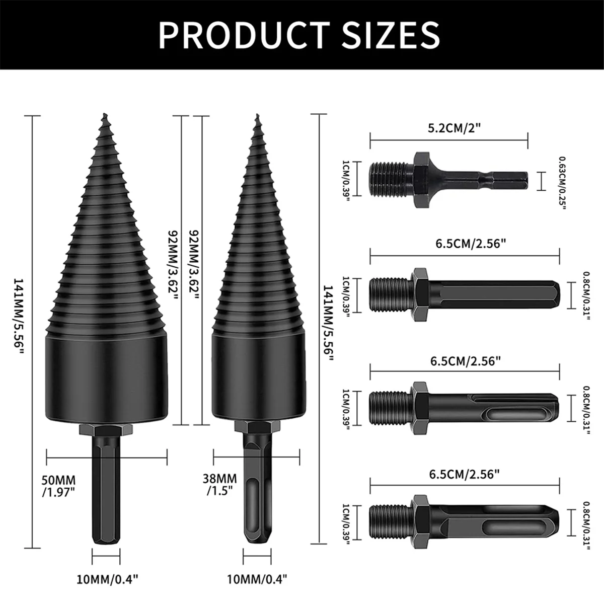 DQ2G 6 PCS Rozłupywacz do drewna opałowego, wiertła do rozłupywania drewna 38 mm + 50 mm, rozłupywacz do drewna + 4 uchwyty
