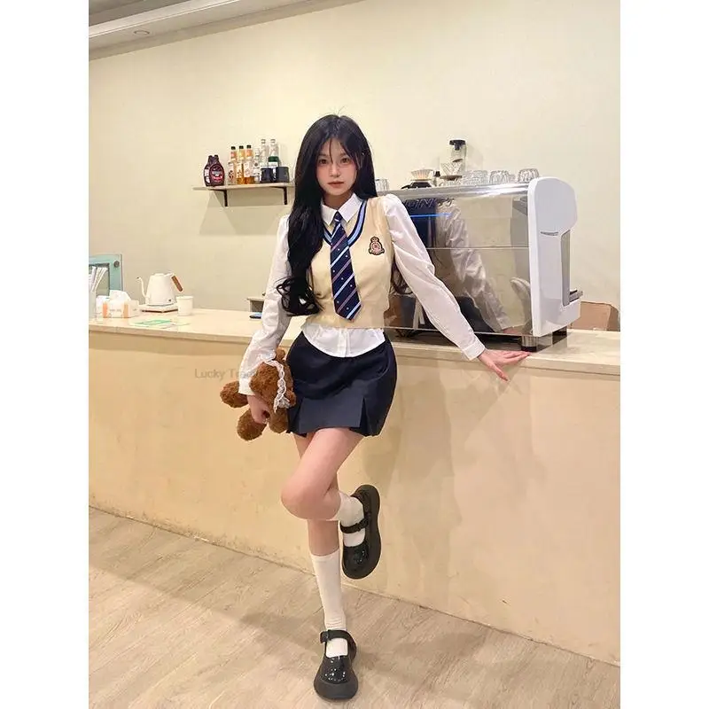 

Japanese Korean Style Jk Sexy College Style Knitted Waistcoat Collar White Shirt High Waist Wrap Hip Skirt Three Piece Suit