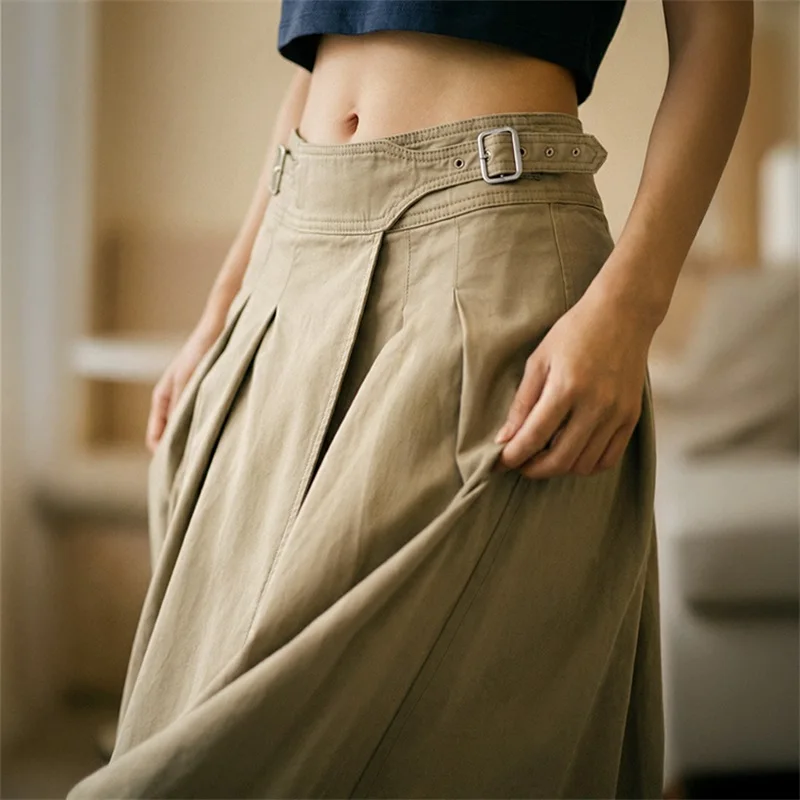 Maden Damen Khaki Plissierter A-Linien-Rock mit hoher Taille, aus Baumwolle, weit ausgestellt, lässiger Retro-Stil für den Frühling