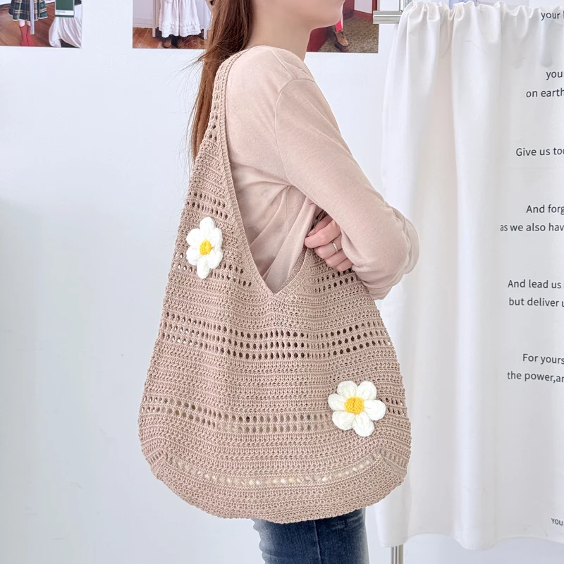 3D-Blumen-Hohlstrick-Umhängetasche, Koreanische Damen-Handtasche in Süßer, Niedlicher Einfarbiger Ausführung, für Pendeln und Freizeitreisen – Detail 17