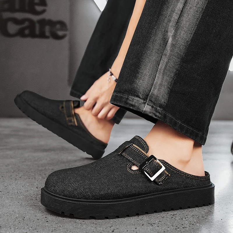 Thick-soled Half Shoes For Men Mules Denim Platform Closed Toe Sandals Slip On Backless Loafers Slipper Semi-Drag Casual Shoes