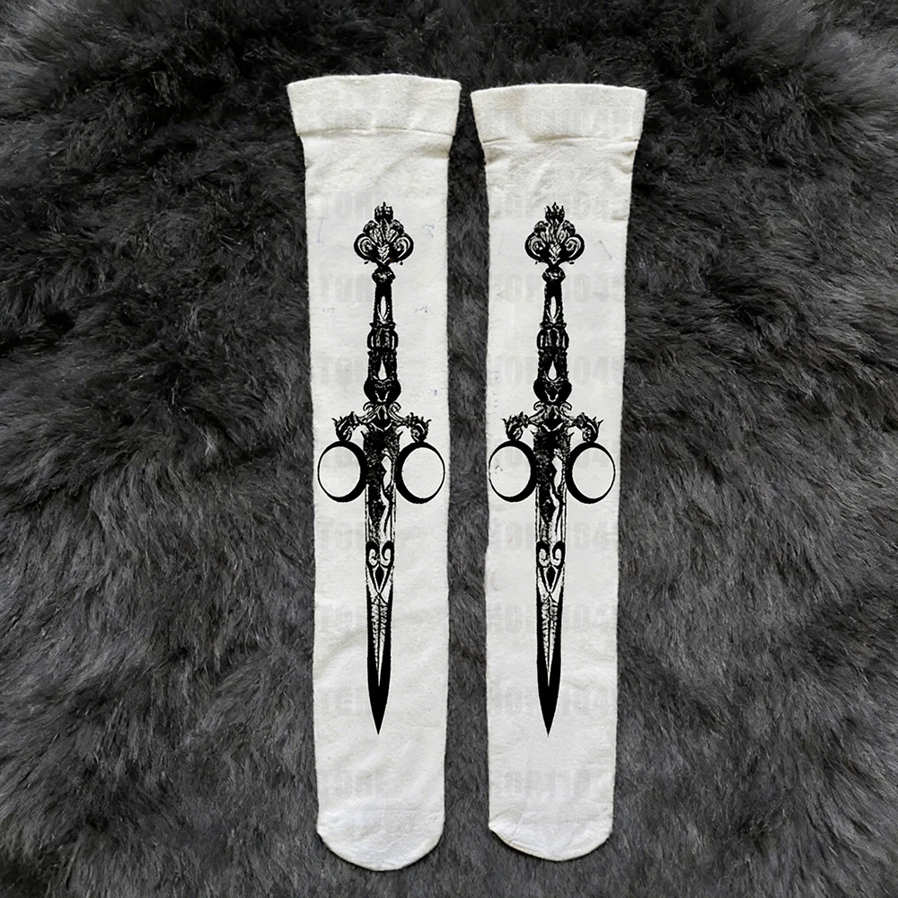 Medias para mujer, medias largas con elementos de espada, estilo japonés Y2K coreano estampado, medias elásticas, nuevos estilos
