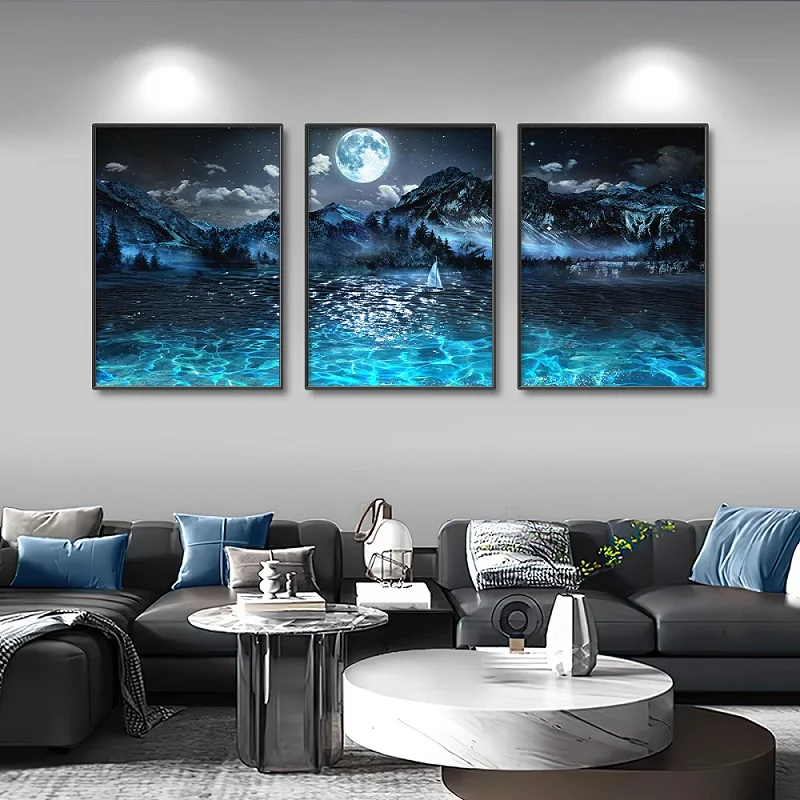 Modern Art Printing Canvas Painting Night Lake Sailing Picture Starry Sky Moon Natural Landscape Poster Home Wall Decoration