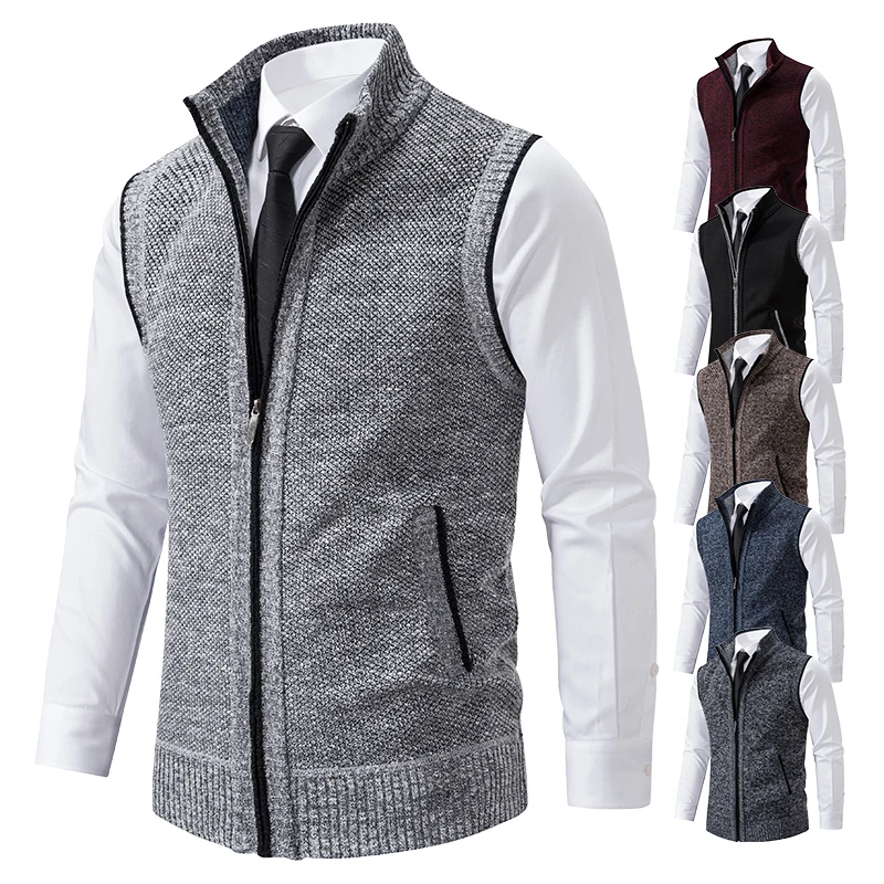 Vest Men\'s Knitted Sleeveless Sweater Wool Velvet Zipper Cardigan Turn-down Pullovers Turtleneck Sweatercoat Knit Waistcoat