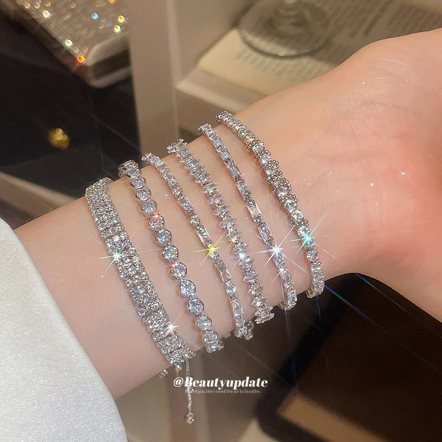 Sparkling Full Small Stones Thin Tennis Bracelet Different Cuts Shiny Rhinestone Inlaid Adjustable Chain Wedding Jewelry