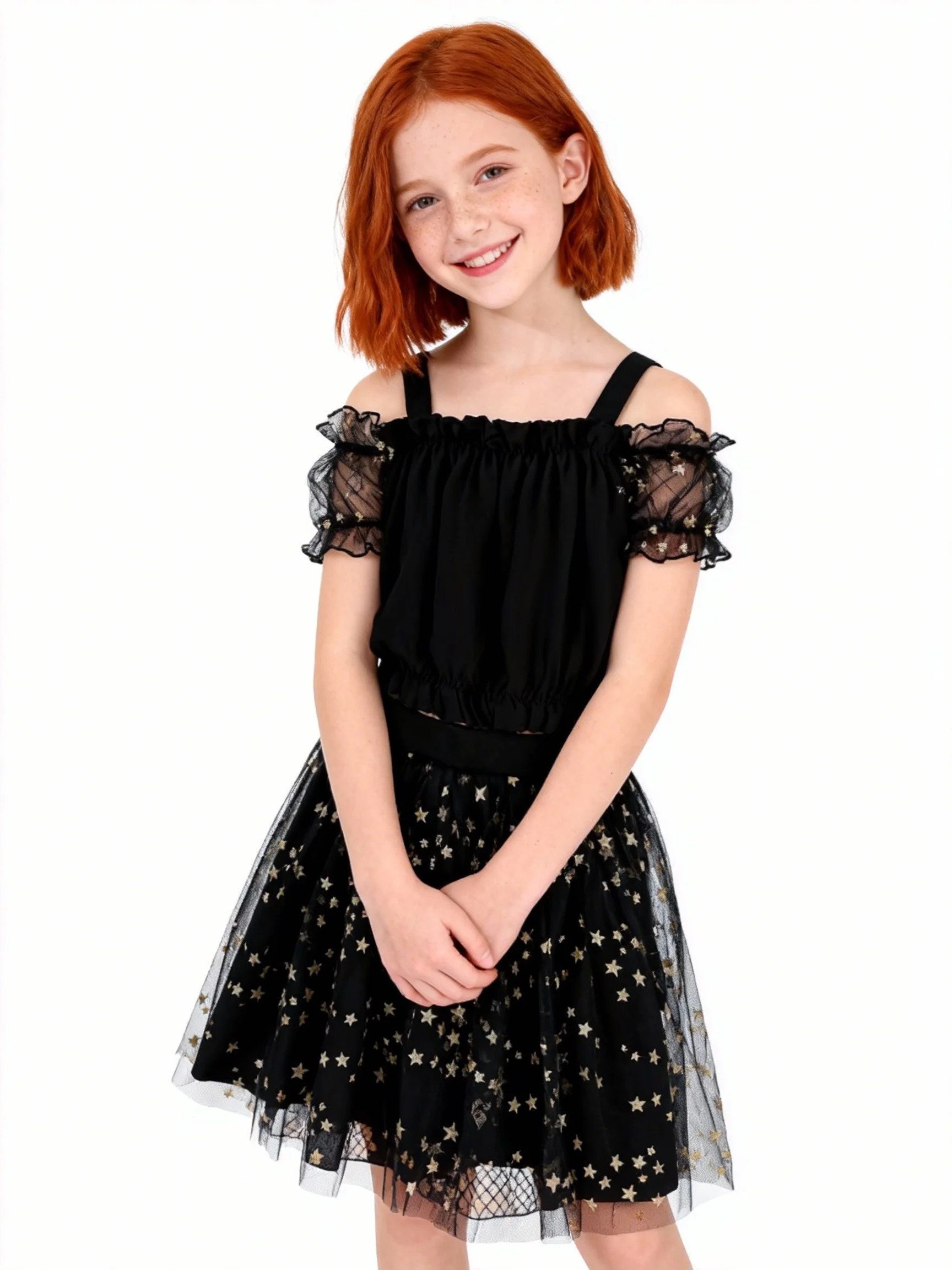 Zweiteiliges Sommer-Mädchen-Set, schulterfrei, schulterfrei, T-Shirt, Netzstoff, Stern, kurzer Rock, lässiges Set