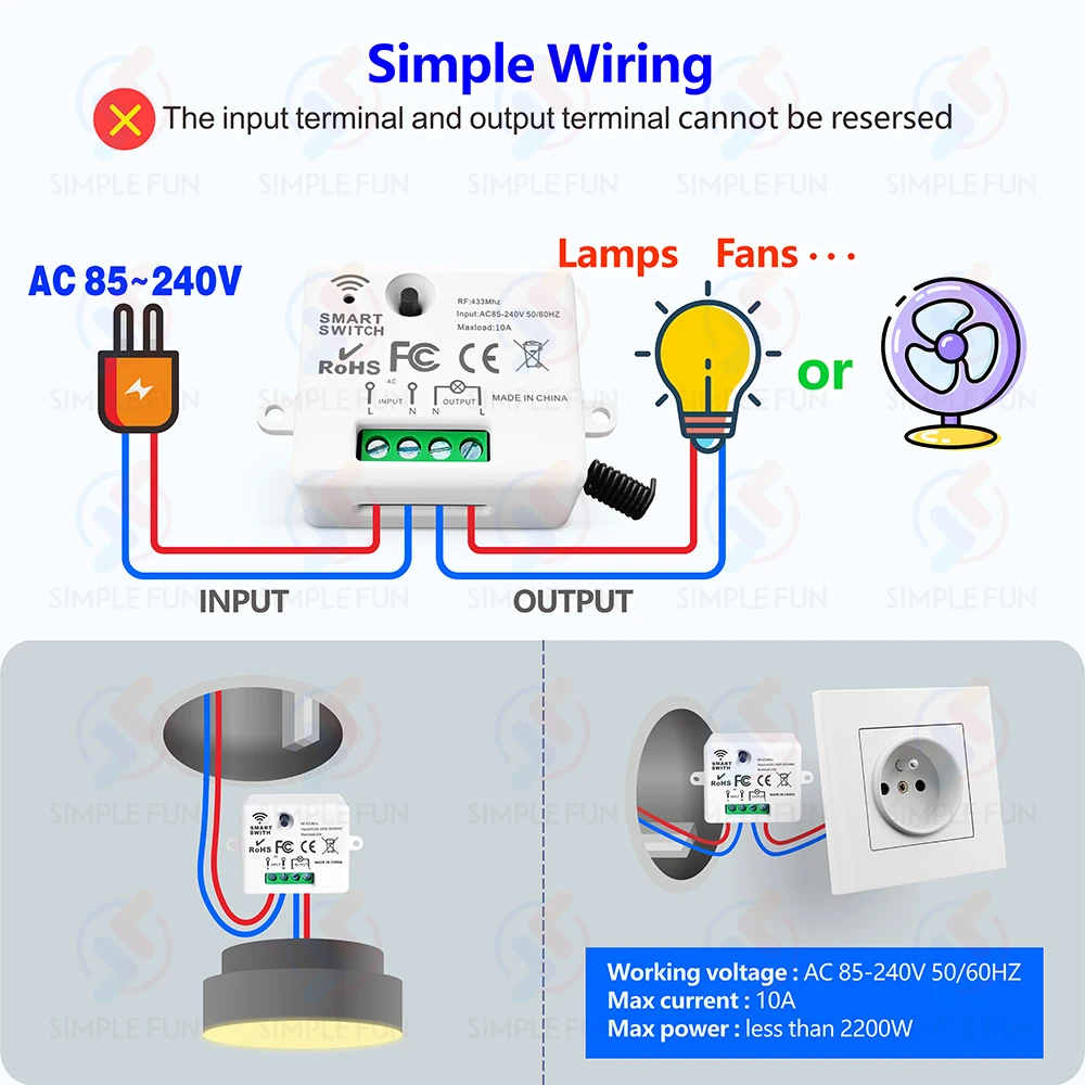 Interruptor de luz inalámbrico con Control remoto, minimódulo de relé magnético de 433MHz, 110V, 220V, 10A, para ventilador de lámpara encendido y