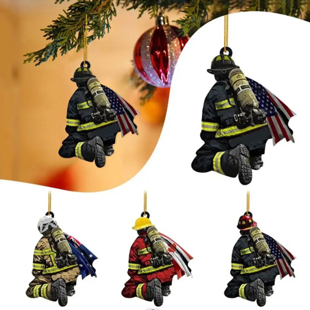 2Pcs Wooden Firefighter Pendant Hanging Fire Peripheral Car Pendant Keychain Car Rearview Acrylic Pendants Christmas