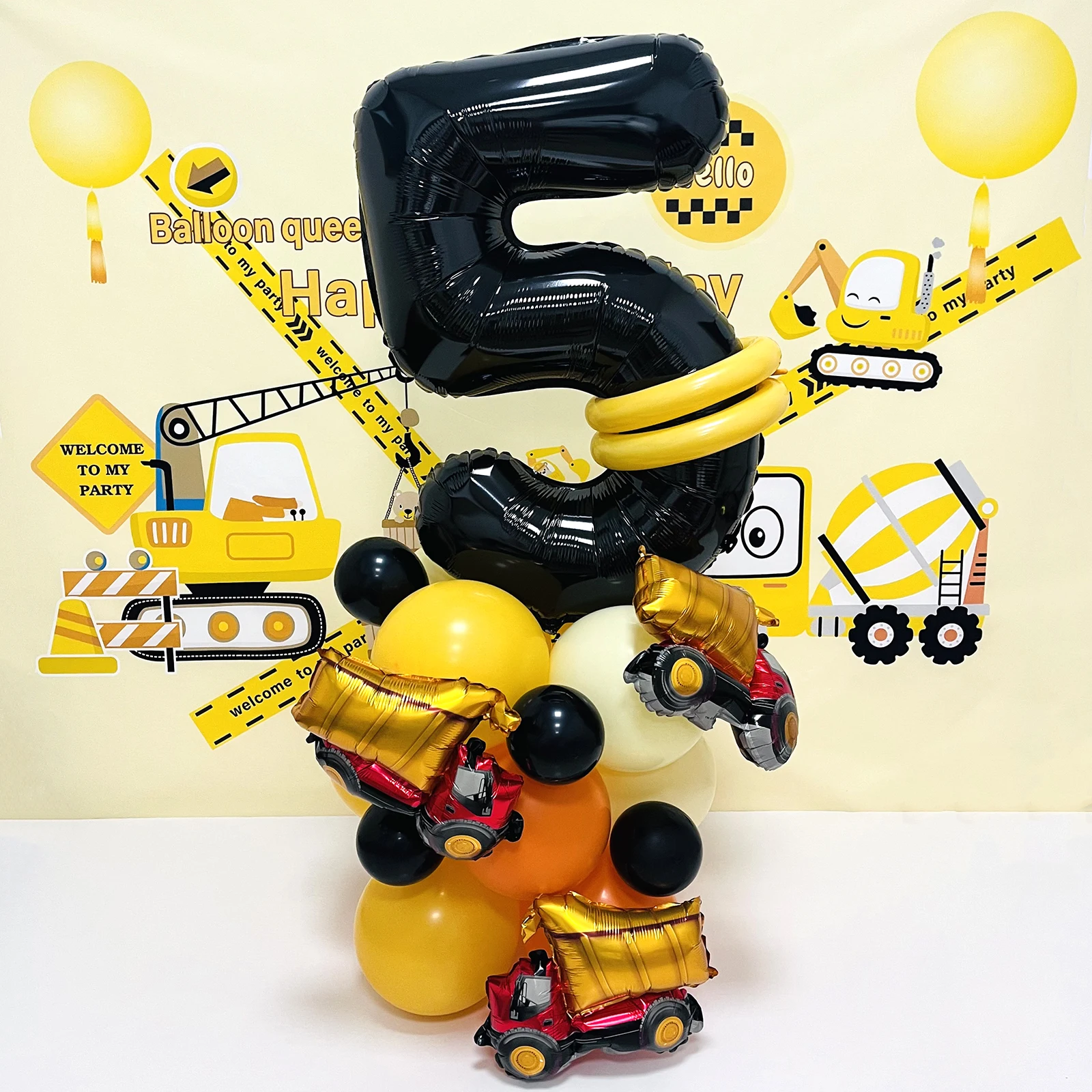 31pcs/set, 32inch Construction Theme Age Number Truck ExcavatorTower With Black Balloon Birthday Party Decorations Supplies