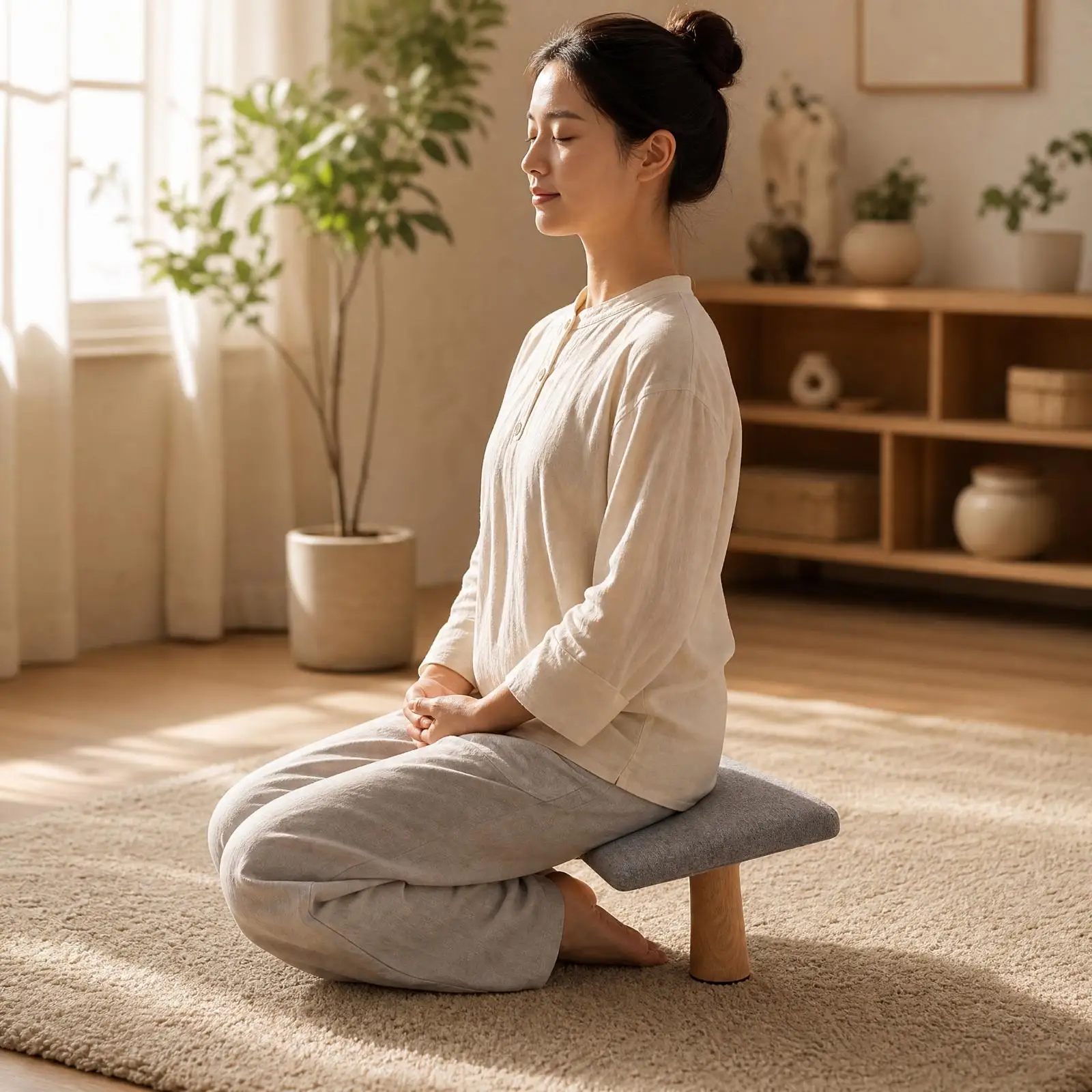 Padded Meditation Kneeler Bench Solid Wood Frame for Comfortable Prayer Sessions