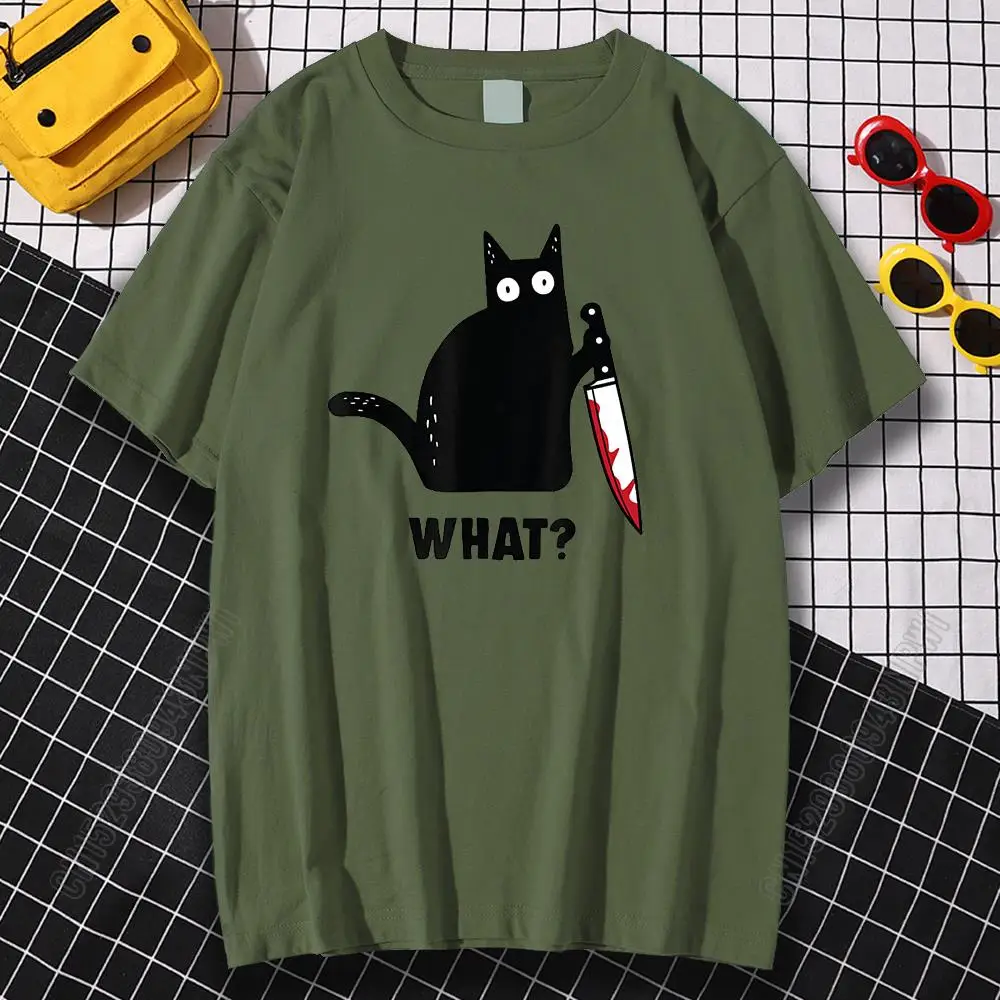 Cat What T Shirt Murderous Cat With Knife Funny Halloween Gift Cotton High Quality Men\'s Oversized Novelty T-Shirt Women Tee