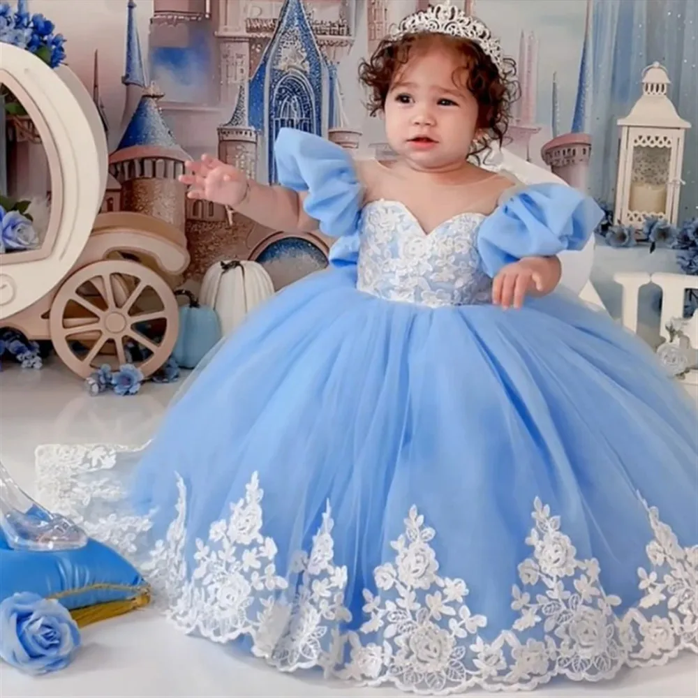 

Exquisite Customized Sky Blue Flower Girl Wedding Dress Appliques Lace With Bow Princess Birthday Party Holy Communion Gown
