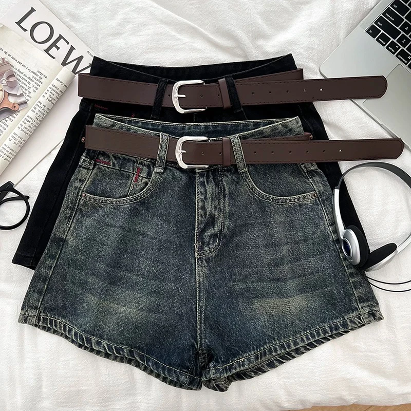 Vintage Streetwear Denim Shorts Women Summer Hottie High Waist Short Jeans Female Retro Harajuku Sashes Korean Wide Leg Shorts