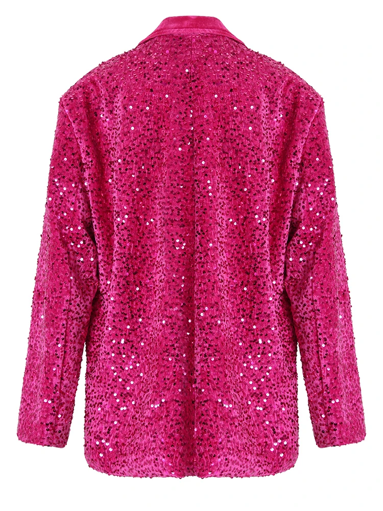 [EAM] Women Rose Red Sequins Big Size Shining Casual Blazer New Lapel Long Sleeve Jacket Fashion Tide Spring Autumn 2024 CPG1154