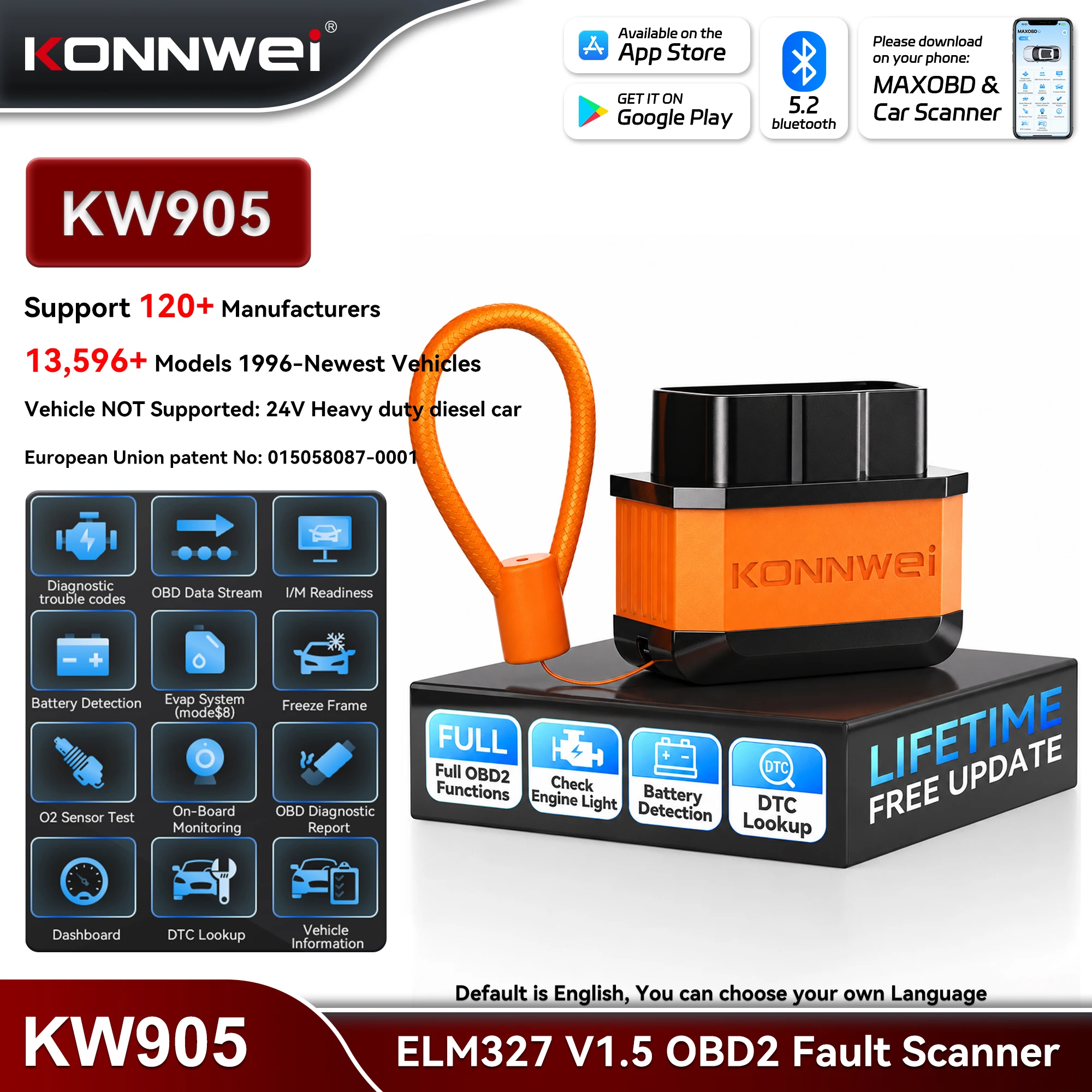 KONNWEI KW905 ELM327 Lifetime Free Car Diagnostic Tools Bluetooth 5.0 12V Auto OBDII Fault Scanner with Android/iOS Code Reader
