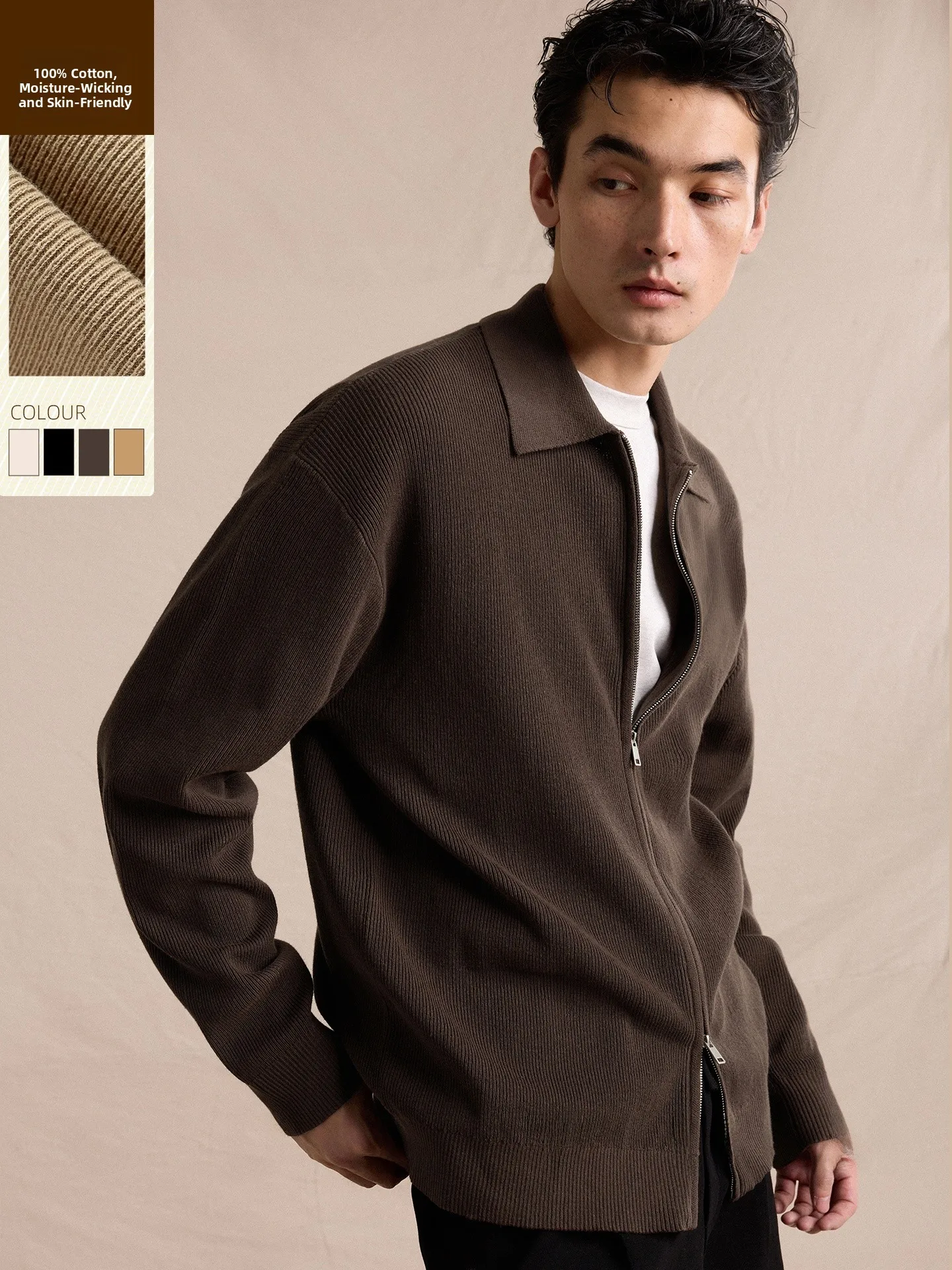 

CULTUM Men's Loose Fit Long Sve Zipper Collar Knitwear Casual Sle Pure Cotton Sweater Spring Autumn Faion Urban Wear