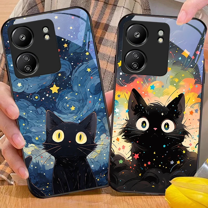Cute Little Cat Black For Xiaomi Redmi 13C Note13 12 Pro Plus 5G Note 9 13T Pro POCO X6 F5 F6 Black Tempered Glass Phone Case