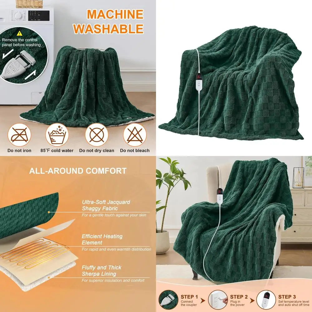 

Full Size Electric Heated Blanket - 72x84 Jacquard Sherpa, 6 Heat Levels, 10-Hour Auto-Off, Overheat Protection, Dark Green