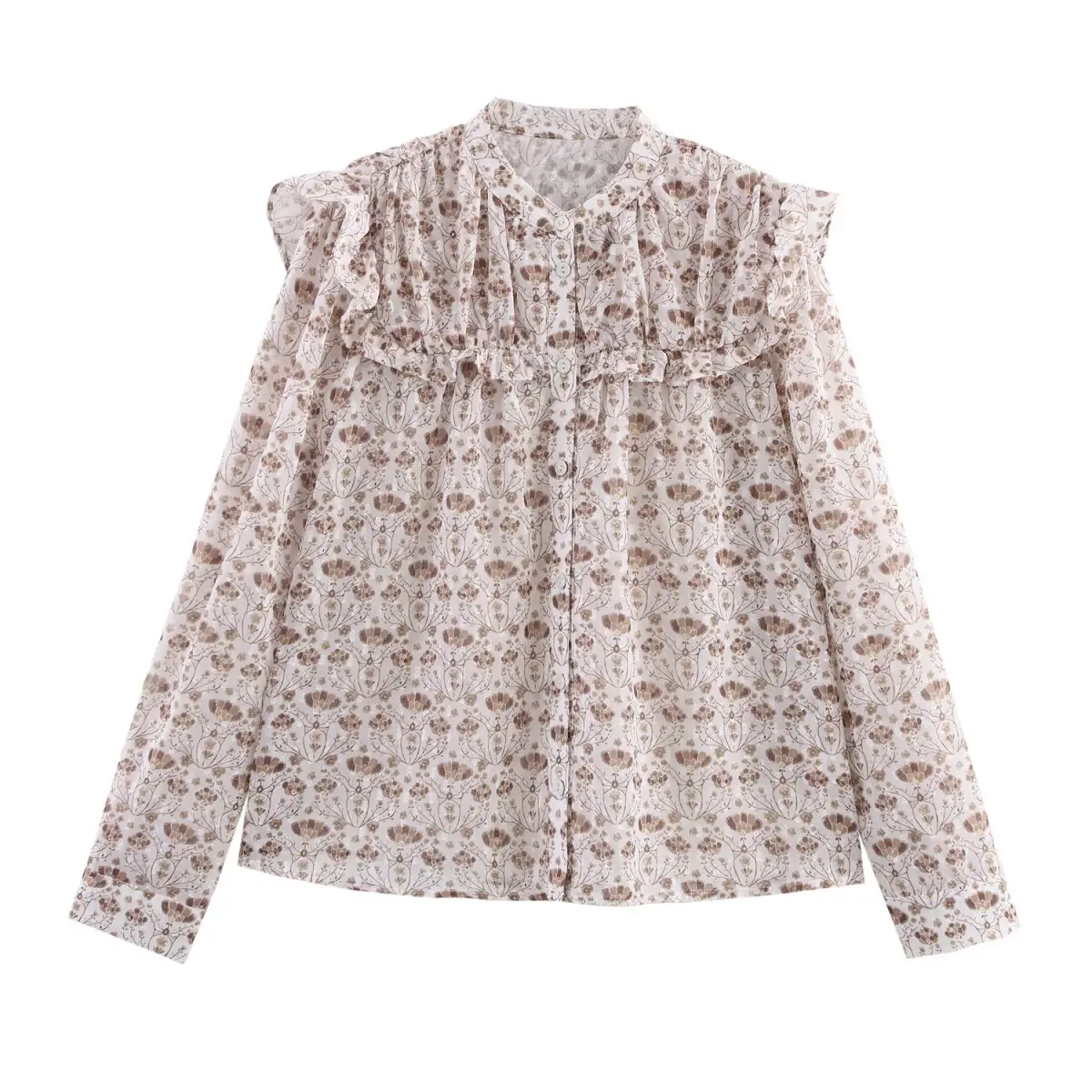 

BM&MD&ZA Ladies Sheer Printed Long - sleeved Shirt with Ruffled Decoration Stylish and Delicate Womenswear