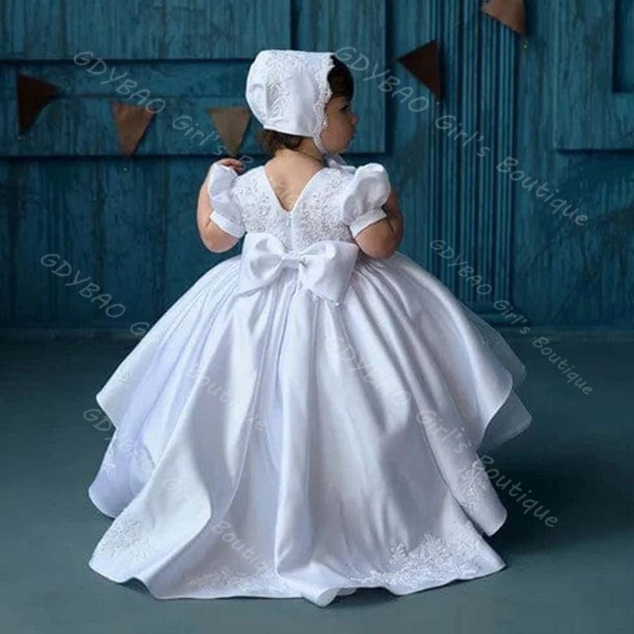 White Toddlers Christening Dress with Detachable Train Puff Sleeve Beaded Appliques First Communion Dress Flower Girls Ball Gown