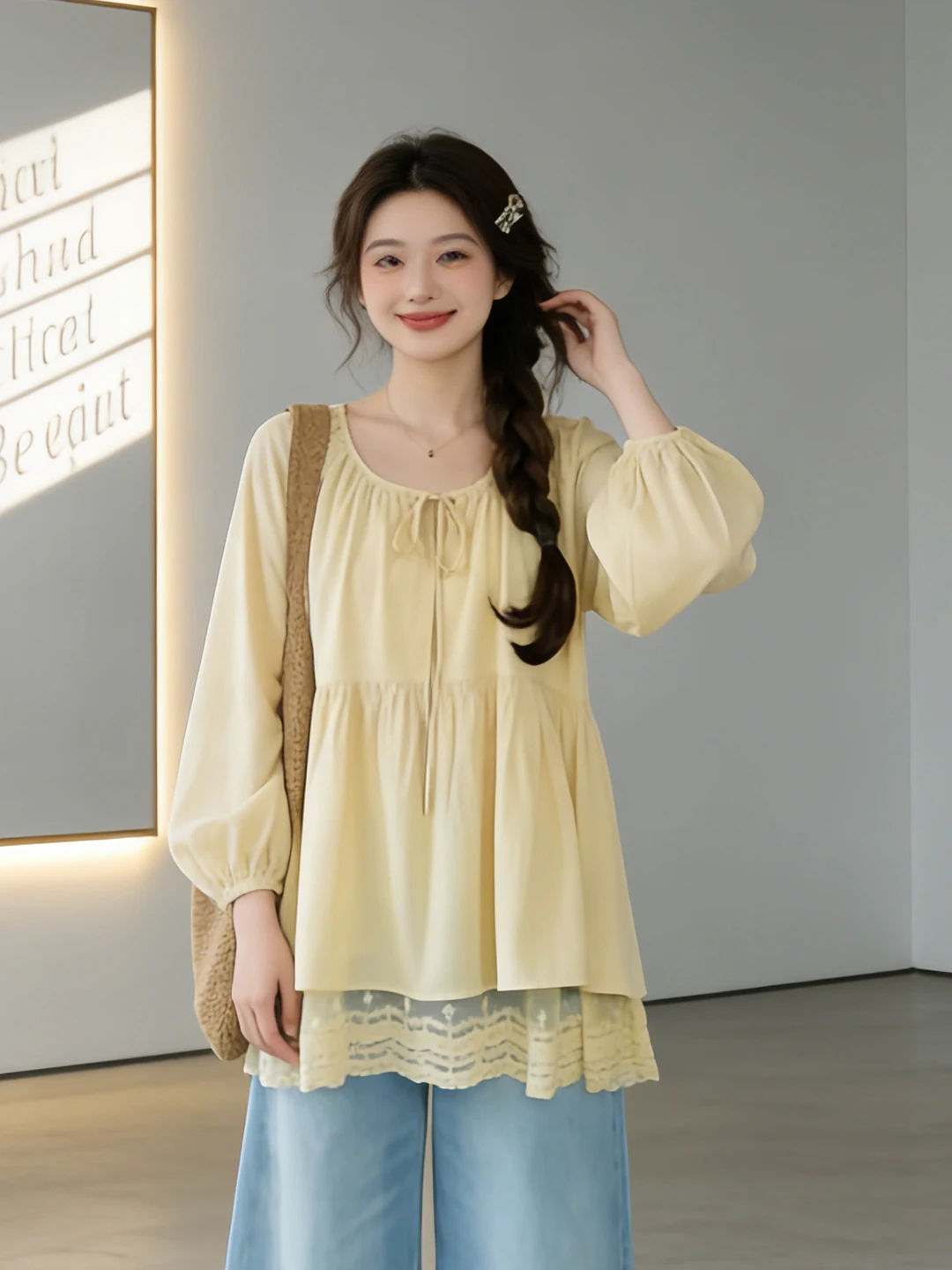 

Yellow Lace Trim Button up Long Sleeve round Neck Shirt Women's Fashion Design Spring New Style Elegant Top French Style Loos...