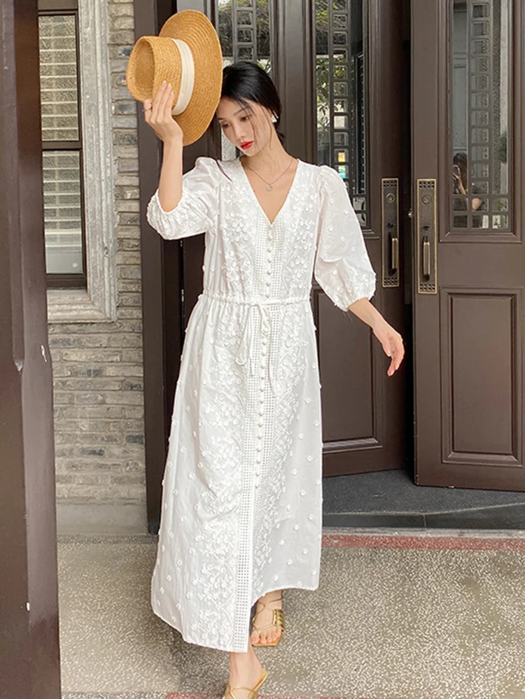 Gypsylady Elegant Chic Embroidery Maxi Dress White Applique Holiday Dresses Women Puff Sleeve Hollow Out 2XL Vintage Long Dress