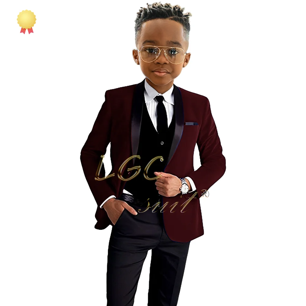 Boys Black Shawl Collar Velveteen Coat Vest and Pants Suit for Wedding Party Life Event Celebration Custom Suit Tuxedo