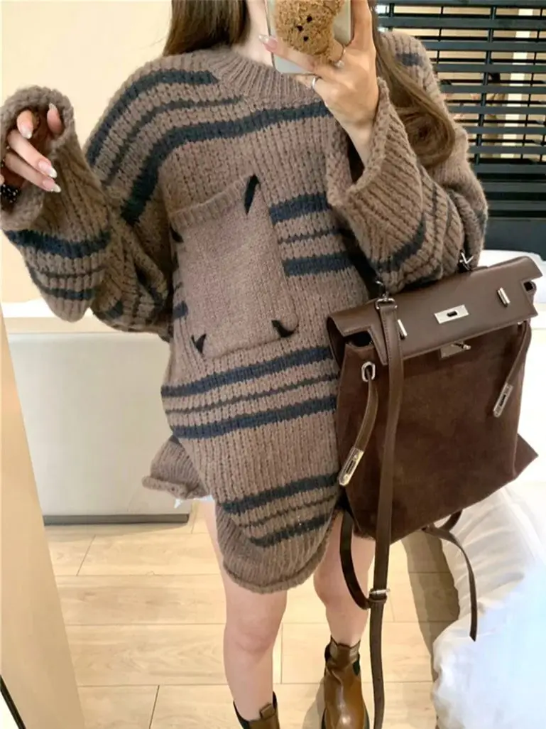 PLAMTEE Loose Gentle Sweaters Women Pullovers Stripes All Match Oversize Fashion Casual Lazy Style Knitted Chic Warm Winter