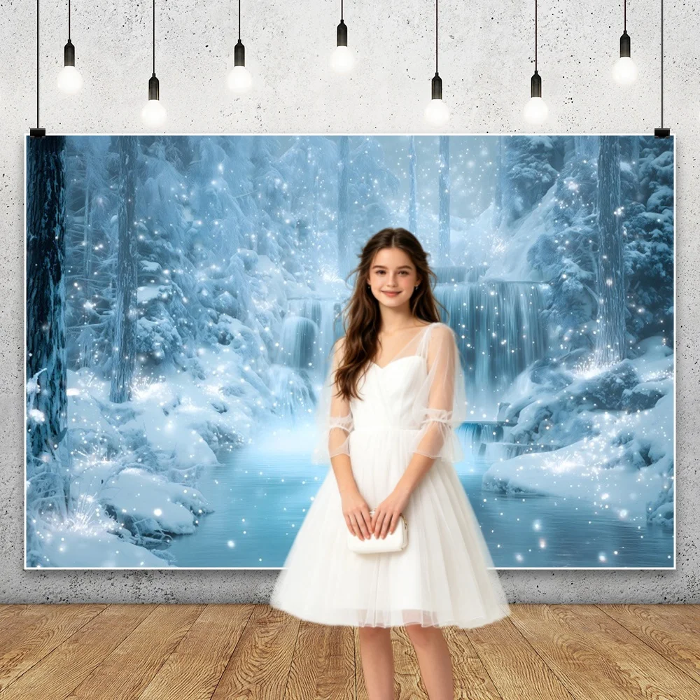 Winter Wonderland Snow Waterfall Backdrop Frozen Forest Lake Photography Background Adult Kid Portrait Party Photo Booth Prop