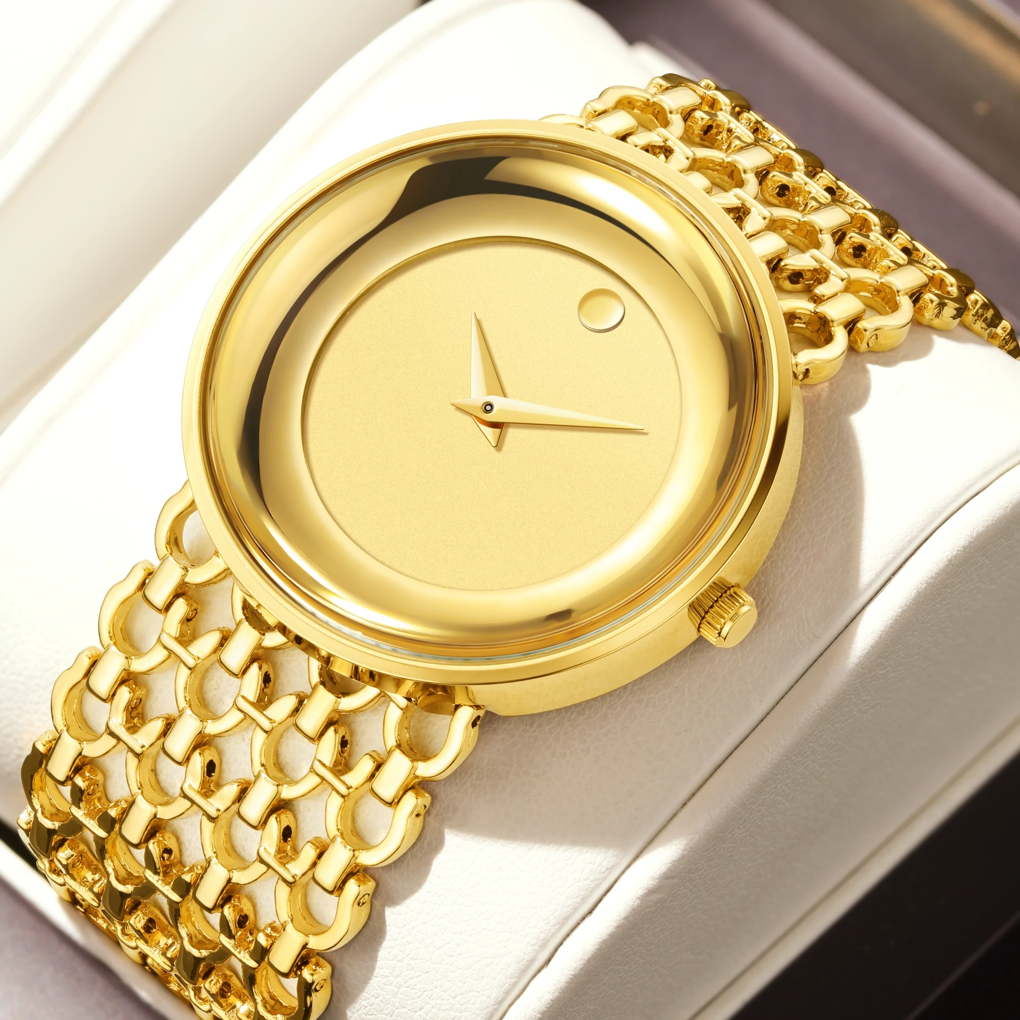 YaLaLuSi Full Gold Hollow Chain Ladies Watch Minimal Rhinestone Dot Dial Luxury Quartz Wristwatch Elegant Women Gift