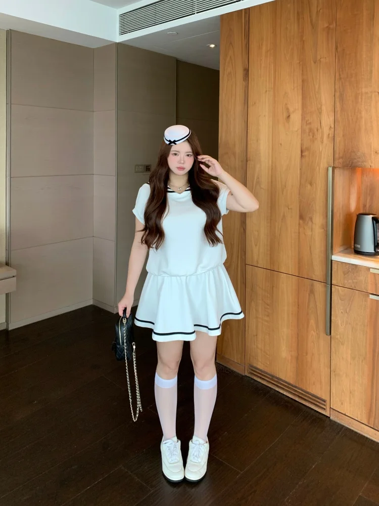 

White Navy Style Embroidered Slimming Anchor Set for plus Size Women Casual Breathable Polyester Spring Outfit Two Pieces