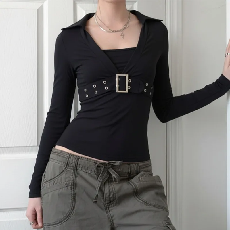 

Dark Style Metal Buckle V-shaped Collar Slim Fit T-shirt Personalized American Style Spicy Girl Casual Edition Long Sleeved Top
