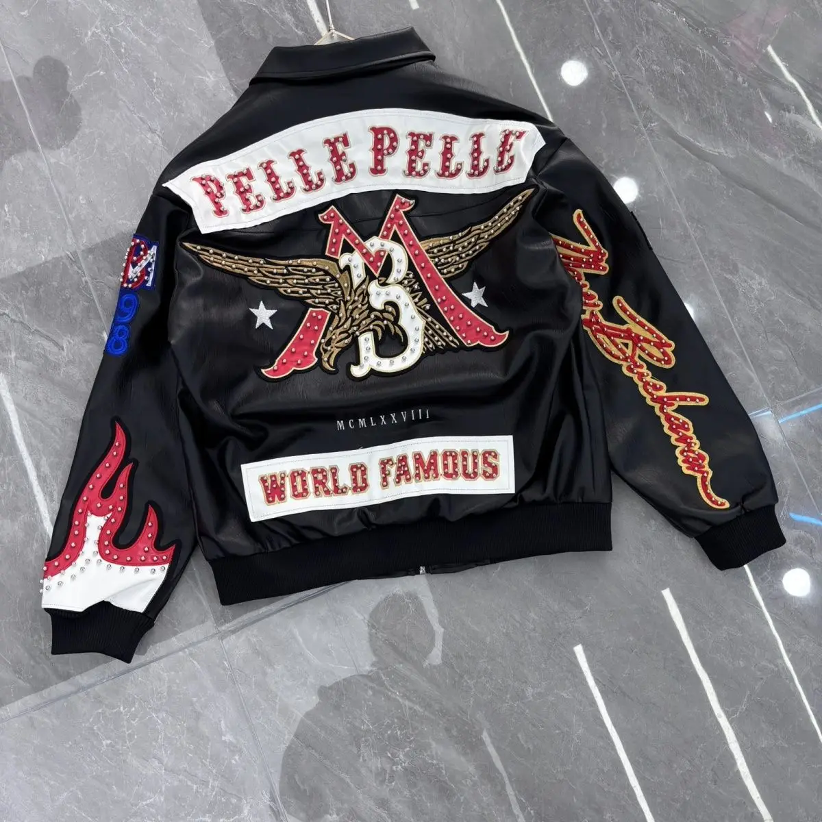 

Американский ретро крутой дизайн, украшение с пламенем, хип-хоп, орел, гвоздь, мотоциклетная вышивка, кожаные куртки, зимняя версия, мужская куртка