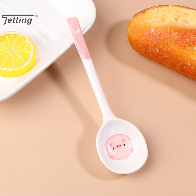 Kawaii خنزير السيراميك ملعقة شوربة لطيف الآيس كريم ملاعق رسمت باليد القهوة الحلوى مقبض طويل ملعقة اكسسوارات المطبخ