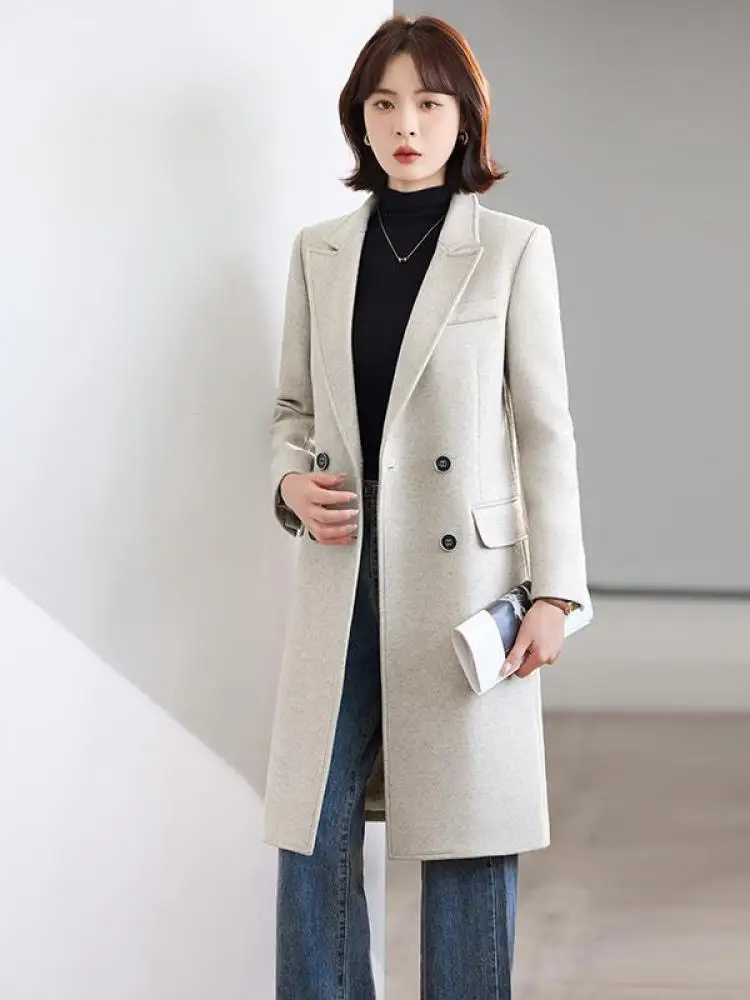 

Vintage Women Black Beige Elegant Long Sleeved Woolen Coat Autumn Winter Versatile Double Breasted Tops 2025 Fashion Streetwear