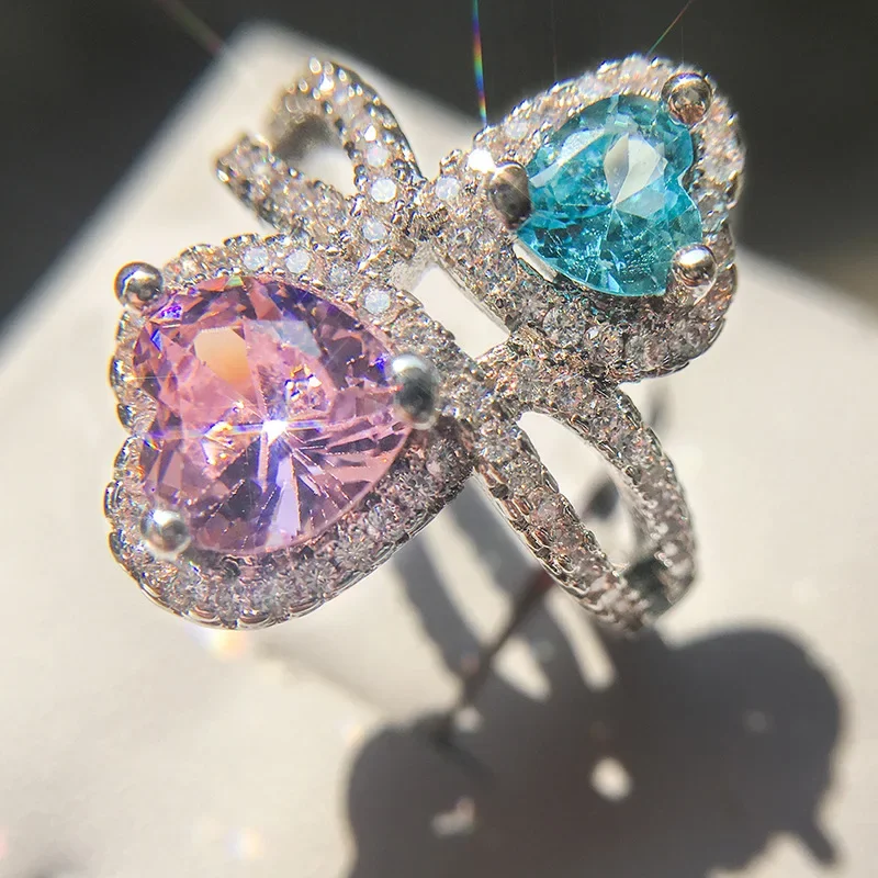 Double Heart Shape 925 Sterling Silver Color Jewelry Ring AAAAA Level CZ Wedding Band Rings For Women Girls Bijoux With Gift Box