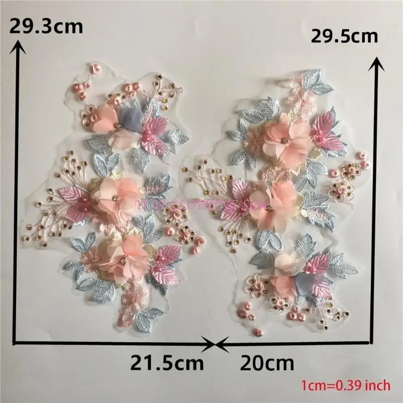 N5KF 2Pcs Pearl Flower Lace Trim Applique Embroidered Sewing Craft with Sequin for Costume Collar Decoration DIY Accessories