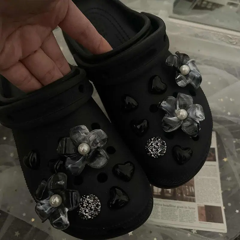 Black Detachable Splatter Paint Shoe Flowers High-End Shoe Buckles Clog Shoe Accessories Pearl Flower Diy Decoration Accessories