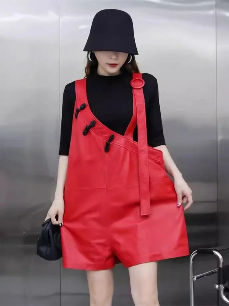 Vintage Buttons Women Casual Wide Leg Overalls Real Sheepskin Genuine Leather Strap Shorts Spring New Loose Fit Rompers