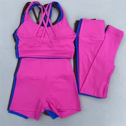 3 Piece Gym Sports Set Women Yoga Set Workout Outfit Suit Cross Straps Fitness Bra High Waist Shorts Leggings Running Tracksuit