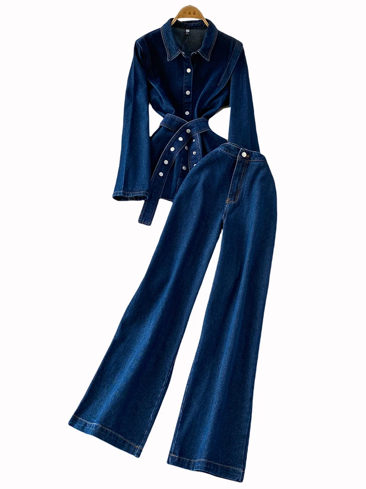 Retro Hong Kong Sle Single Button Slim Fit Denim Jaet High Waist Wide Leg Pants Two Piece Set Autumn Winter Faion Ensemble