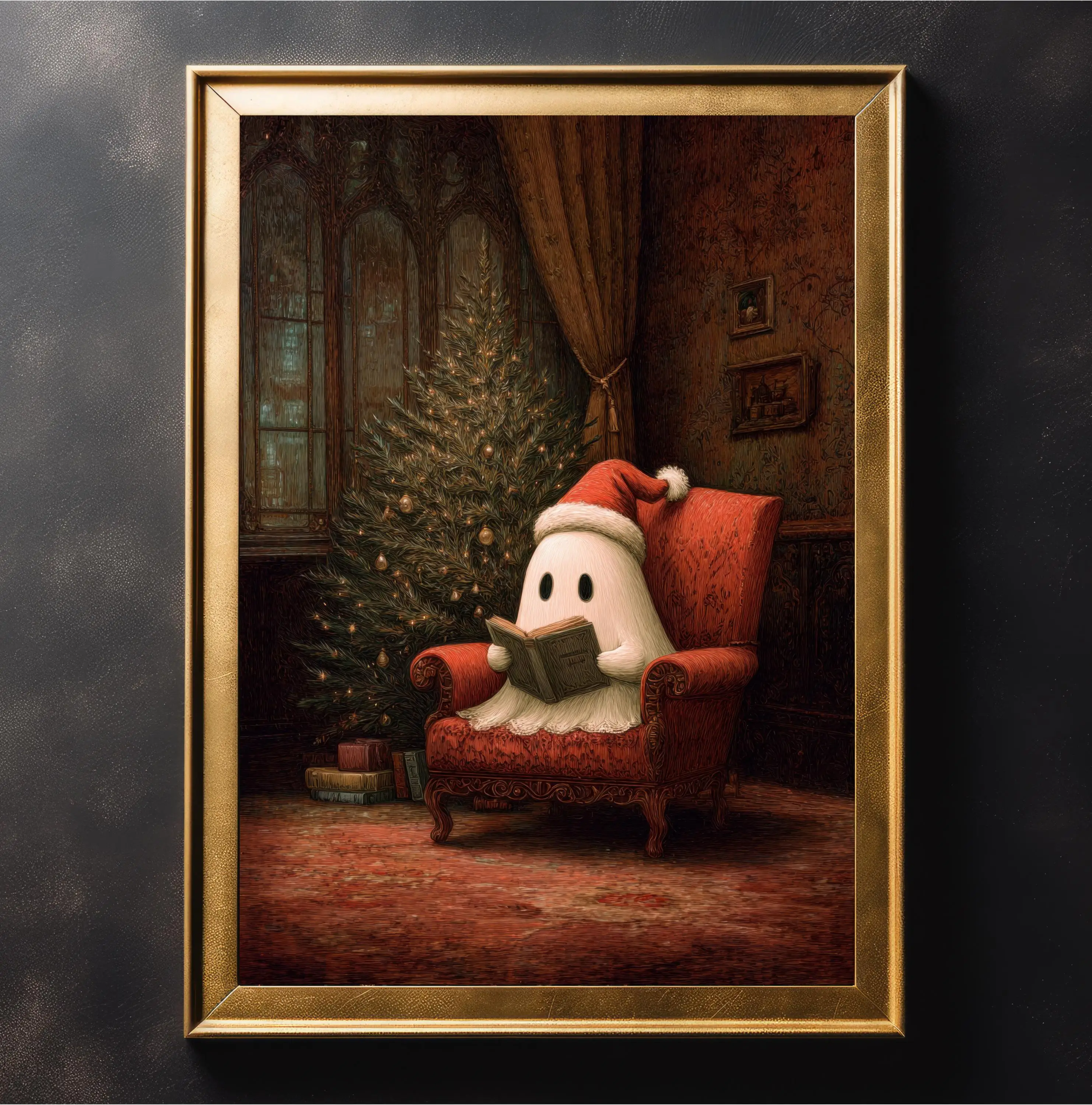 Christmas Ghost Reading Book Wall Art Poster Unframed Spooky Thanksgiving Poster Farmhouse Festive Poster for Living Home Decor