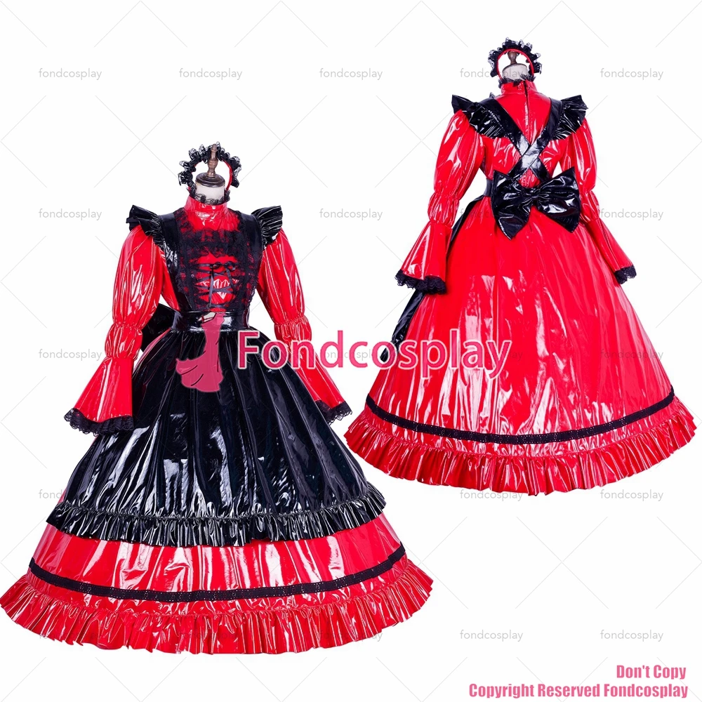 

Сексуальная одежда для взрослых fondcosplay с крестом, длинное фиксируемое красное тонкое виниловое платье из ПВХ, Униформа, черный фартук, CD/TV[G1768]