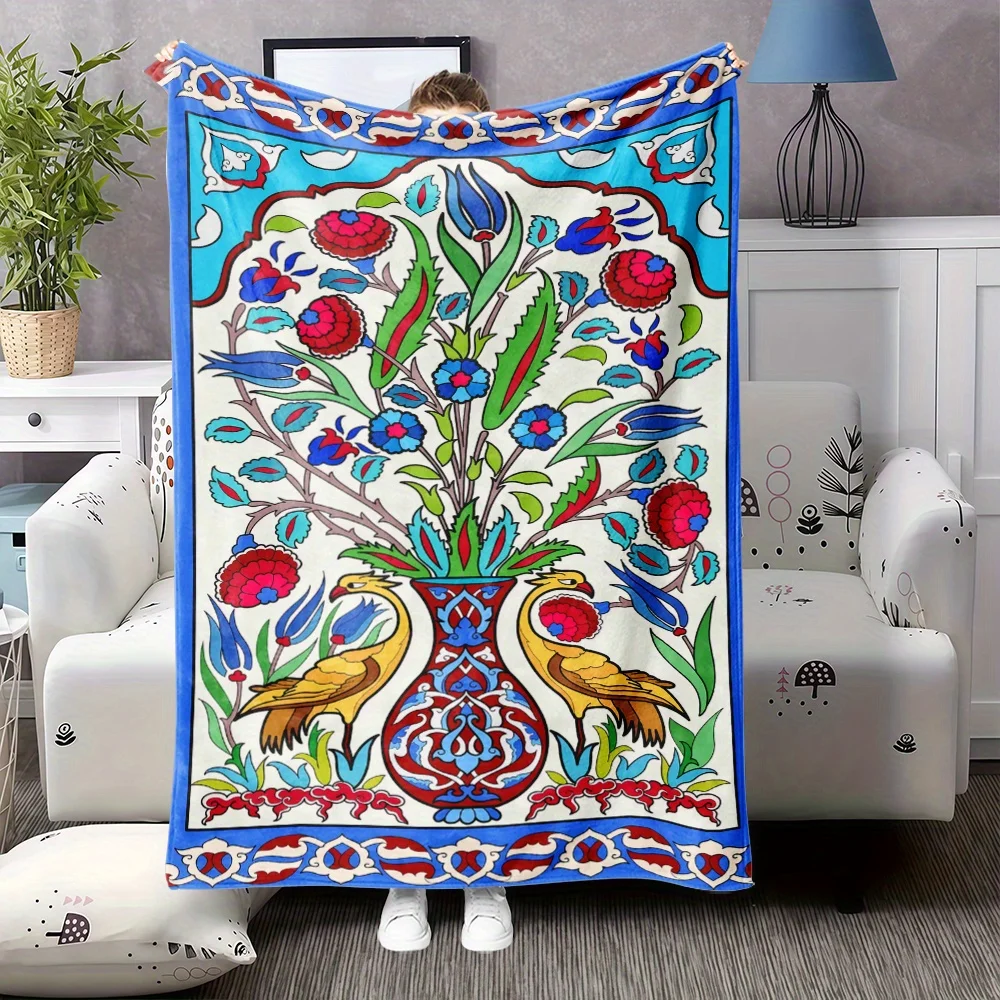 White Base Blue Border Turkey Bird Vase Tulip Peony Flannel Throw Blanket, Soft Blanket Sofa Room, Ethnic Floral Home Decor Gift