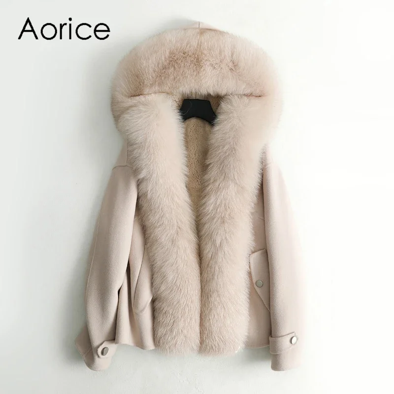 Women Fall Winter New Wool Fox Collar Jacket With Rabbit Fur Inside Parka Coat ZY126