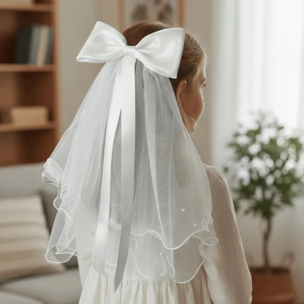 

Fashion White Veil Hair Clip Mesh Bow Girls Head Gauze Polyester Rhinestone Colorful Flowing Tulle Birthday Headdress