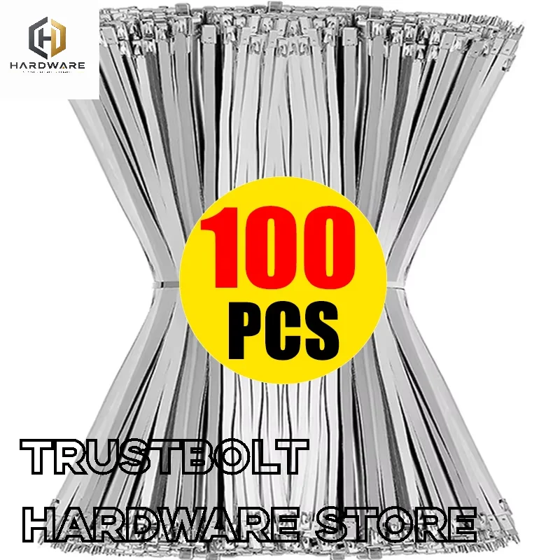 20/100Pcs Stainless Steel Cable Ties Metal Zip Ties Strap for Exhaust Wrap Multi-Purpose Heavy Duty Self-locking Fastening Ring