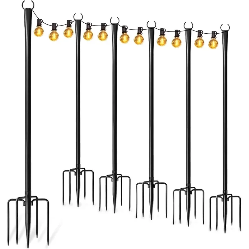 

6 Pack String Light Poles for Outside, Thickened Metal Lights Hanger Pole Outdoor with Fork, Lighting Hanging Post Accessories f