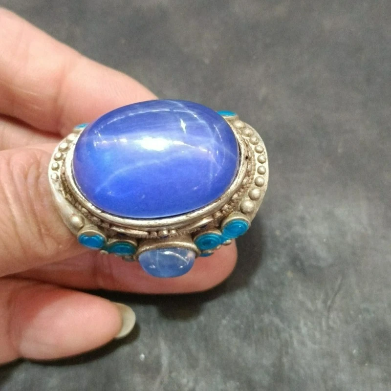 Vintage Collectible Old Silver Cloisonne Ring, Inlaid Star Gemstone Retro Antique Ethnic Statement Finger Jewelry