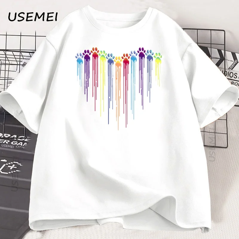 Dog Paw Heart T Shirt Funny Graphic T Shirts Dog Lover T-Shirt Loose Casual Short Sleeve Male Clothes Streetwear Cotton Tees